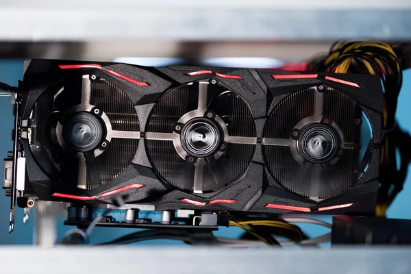 Close-up shot of computer graphic card at ethereum mining farm — Stock Photo