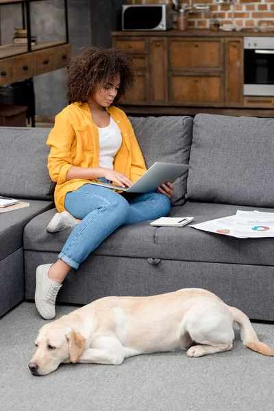 Hermosa joven mujer trabajando en casa mientras su perro acostado en el suelo - foto de stock