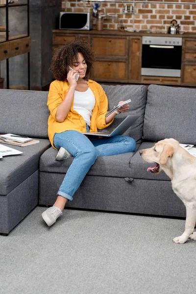 Красивая молодая женщина работает дома и разговаривает по телефону, в то время как ее собака сидит на полу — стоковое фото