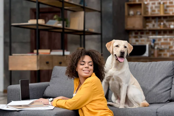 Bella giovane donna che lavora con il computer portatile a casa mentre il suo cane seduto sul divano — Foto stock
