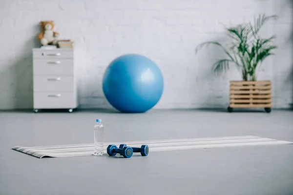 Yoga mat, dumbbells, plastic bottle of water and fitness ball in living room — Stock Photo