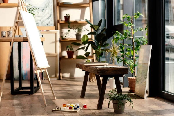 Intérieur du studio d'artiste avec fournitures de peinture, plantes en pot et banc — Photo de stock