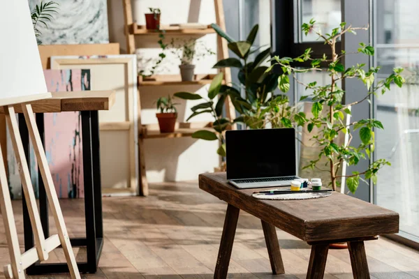 Intérieur de l'artiste studio plantes en pot, fournitures de peinture et ordinateur portable avec écran vierge — Photo de stock