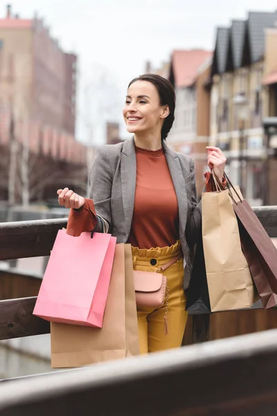 Donna attraente sorridente in piedi con le borse della spesa sul ponte — Foto stock