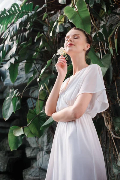 Hermosa novia en vestido blanco con flor en el pelo posando en el jardín tropical - foto de stock