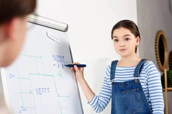 Imagem cortada de adolescente do sexo feminino apontando no flipchart para amigo em casa — Fotografia de Stock