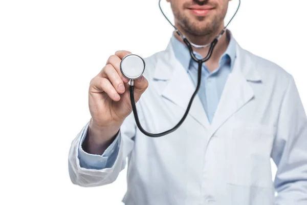 Cropped shot of male doctor with stethoscope isolated on white background — Stock Photo