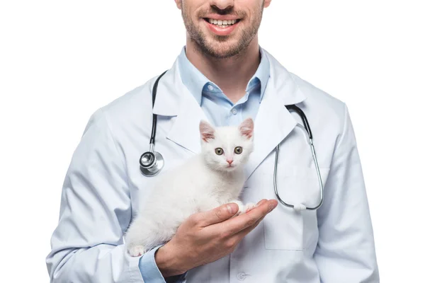 Immagine ritagliata di veterinario maschile con gattino isolato su sfondo bianco — Foto stock