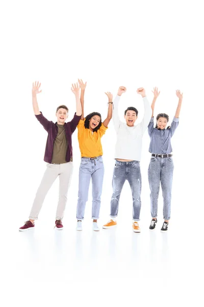 Cheerful multicultural teenagers with outstretched arms isolated on white — Stock Photo