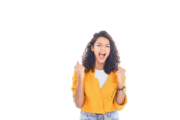 Portrait of excited african american teenager gesturing isolated on white — Stock Photo
