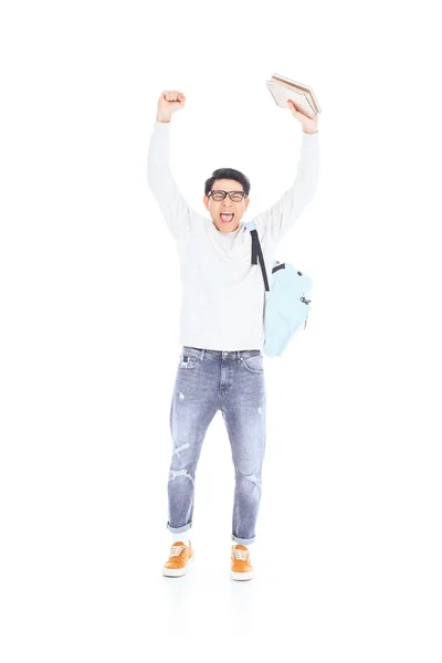 Felice asiatico studente con notebook isolato su bianco — Foto stock