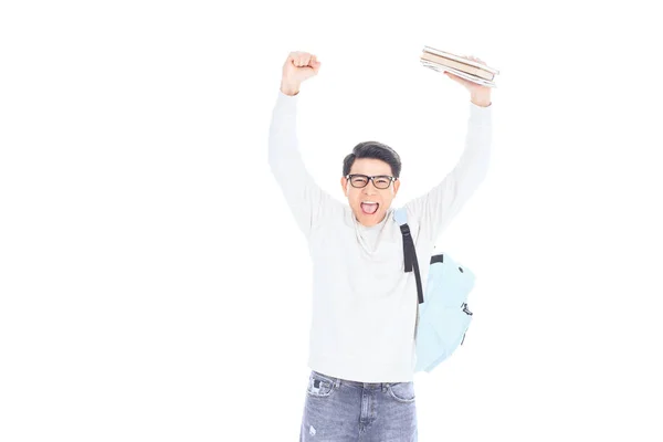 Porträt einer glücklichen asiatischen Studentin mit Notizbüchern auf weißem Papier — Stockfoto