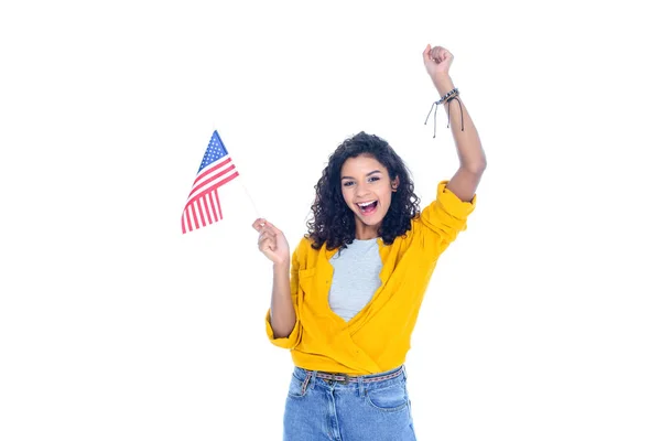 Celebrativo adolescente africano americano estudiante chica con usa bandera aislado en blanco - foto de stock