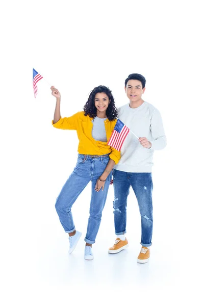 Successful teenage students with usa flags isolated on white — Stock Photo