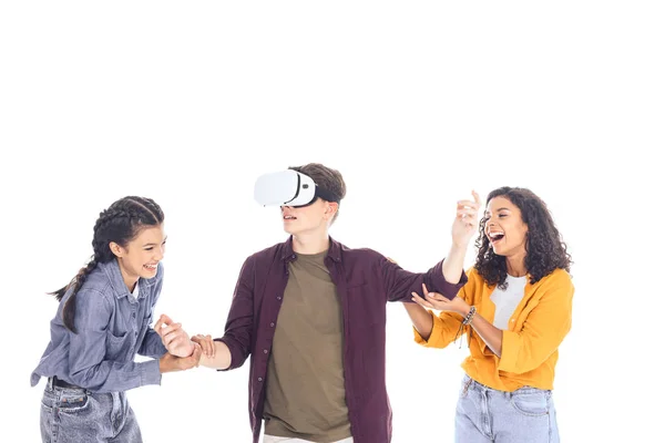 Excited teenage students having fun with vr headset isolated on white — Stock Photo