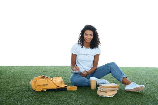 Adolescente africano americano estudiante chica estudiar mientras sentado en hierba aislado en blanco - foto de stock