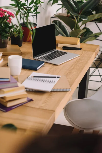 Ноутбук с чистым экраном на деревянном столе с горшками растений в офисе — стоковое фото