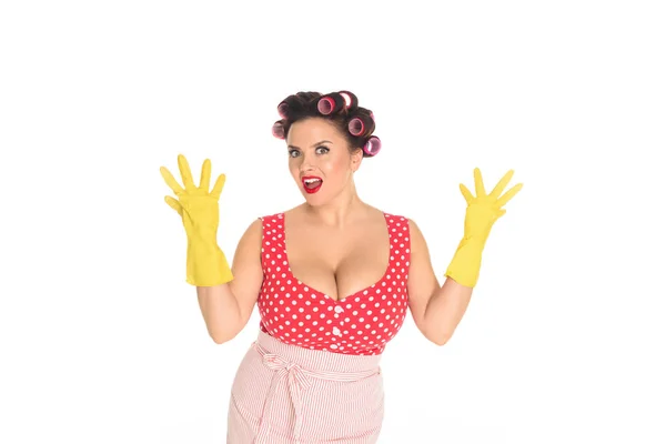Shocked plus size woman in rubber gloves isolated on white — Stock Photo