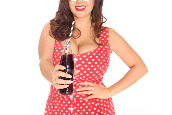 Cropped shot of plus size woman with bottle of soda isolated on white — Stock Photo