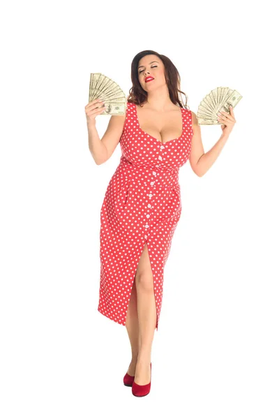 Satisfied beautiful plus size woman with lot of cash isolated on white — Stock Photo