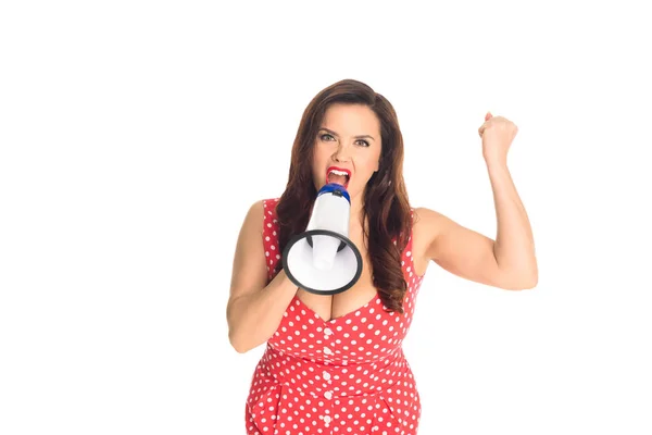 Angry plus size woman shouting at loudspeaker and looking at camera isolated on white — Stock Photo