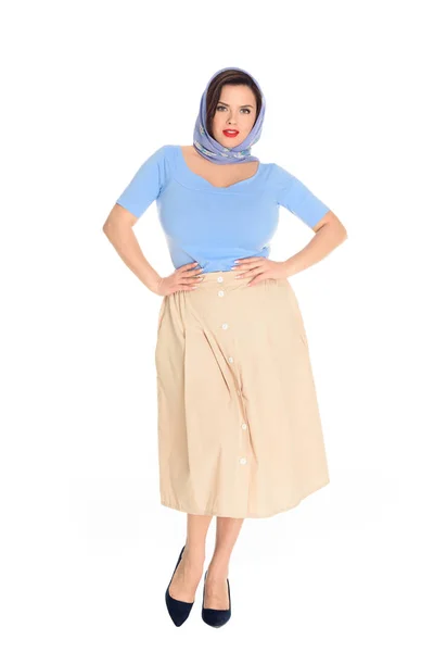 Full length view of stylish plus size pin up model standing with hands on waist and looking at camera isolated on white — Stock Photo