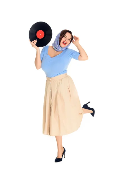 Beautiful happy pin up woman holding vinyl record isolated on white — Stock Photo