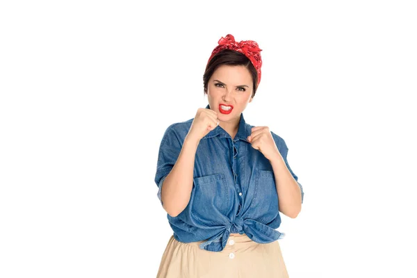 Aggressive pin up woman standing in fighting position and looking at camera isolated on white — Stock Photo