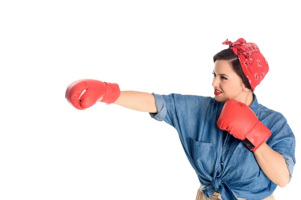 Attractive size plus woman in boxing gloves hitting isolated on white — Stock Photo