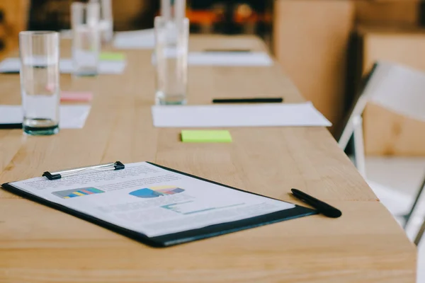 Selective focus of notepad, stationery and glasses of water at workplace in office — Stock Photo