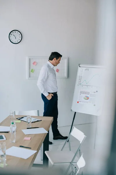 Vista lateral do empresário em desgaste formal olhando para placa branca com gráfico no escritório — Fotografia de Stock