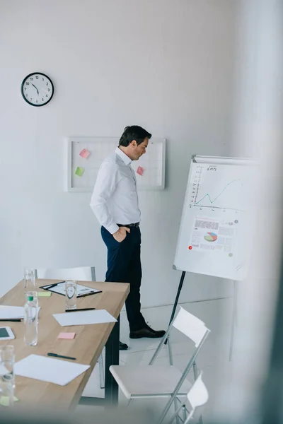 Side view of businessman in formal wear looking at white board with graphic in office — Stock Photo