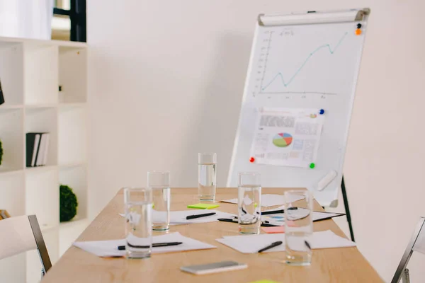 Vue rapprochée du tableau blanc avec graphiques, papiers et verres d'eau sur la table au bureau — Photo de stock