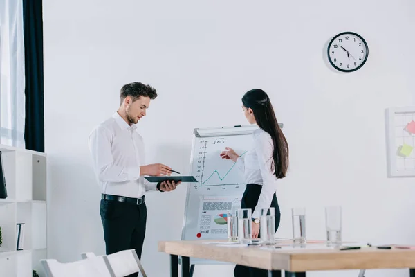 Business colleagues working on new business strategy at white board in office — Stock Photo