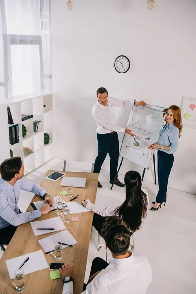 High angle view of business coworkers at white board having business training in office — Stock Photo