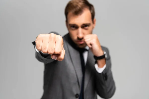 Enfoque selectivo de hombre de negocios guapo en traje punzonado aislado en gris - foto de stock