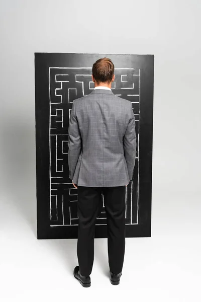 Back view of businessman in suit looking at labyrinth — Stock Photo