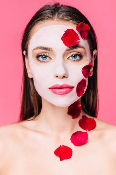 Hermosa mujer desnuda en máscara facial con pétalos de rosa aislados en rosa - foto de stock