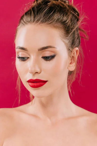 Naked beautiful woman with red lips isolated on red — Stock Photo