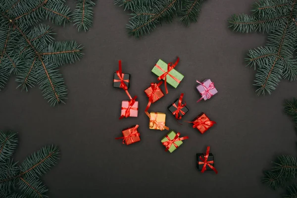 Top view of little gift boxes with spruce branches on black — Stock Photo