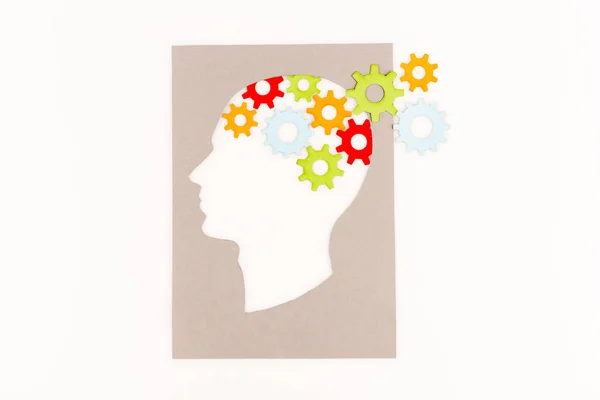 Top view of human head silhouette with gears isolated on white — Stock Photo