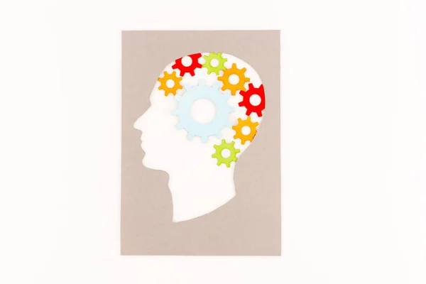 Top view of human head silhouette with gears isolated on white — Stock Photo