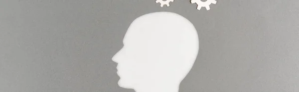 Top view of cut out white human head with gears isolated on grey, panoramic shot — Stock Photo