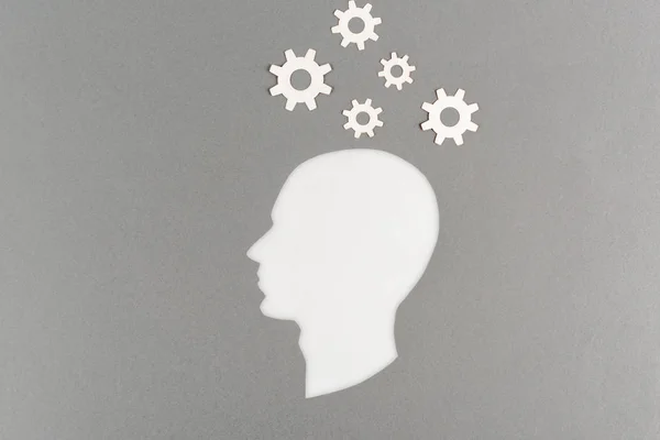 Top view of cut out white human head with gears isolated on grey — Stock Photo