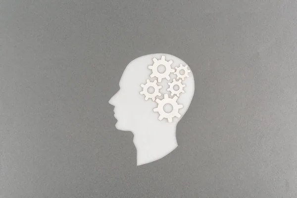 Top view of cut out white human head with gears isolated on grey — Stock Photo