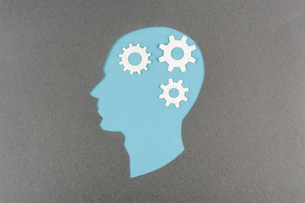 Top view of cut out blue human head with white gears isolated on grey — Stock Photo