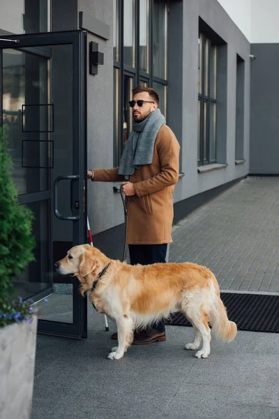 Сліпа людина з собакою-поводирем і ходячою палицею відкривають двері будівлі — стокове фото