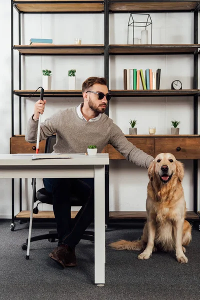 Blind man sitting at table and petting golden retriever at home — Stock Photo