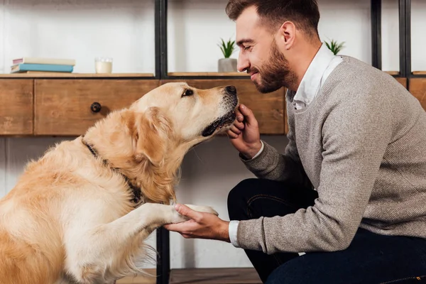 Vista lateral do homem sorridente treinando golden retriever em casa — Fotografia de Stock