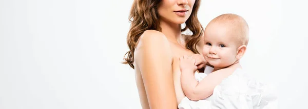 Panoramaaufnahme einer nackten, zarten Mutter mit Baby, isoliert auf Weiß — Stockfoto